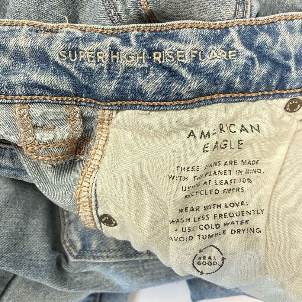 American Eagle Blue Jeans Super High Rise Flare Stretch Sz 2 Short Hippie Grunge - Picture 3 of 12